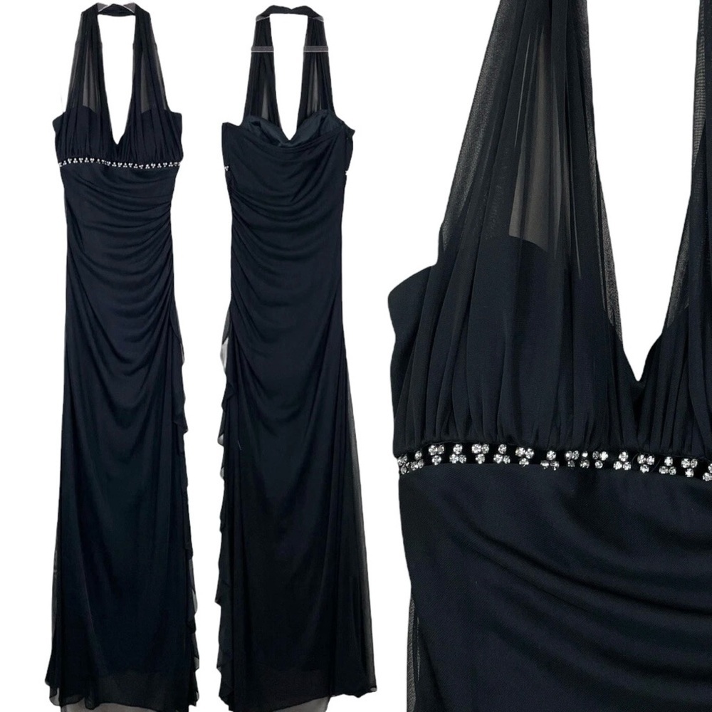 Vtg Y2K Cache Rhinestone Halter Ruched Ruffle Formal Evening Dress Black Size 6 - Picture 1 of 7